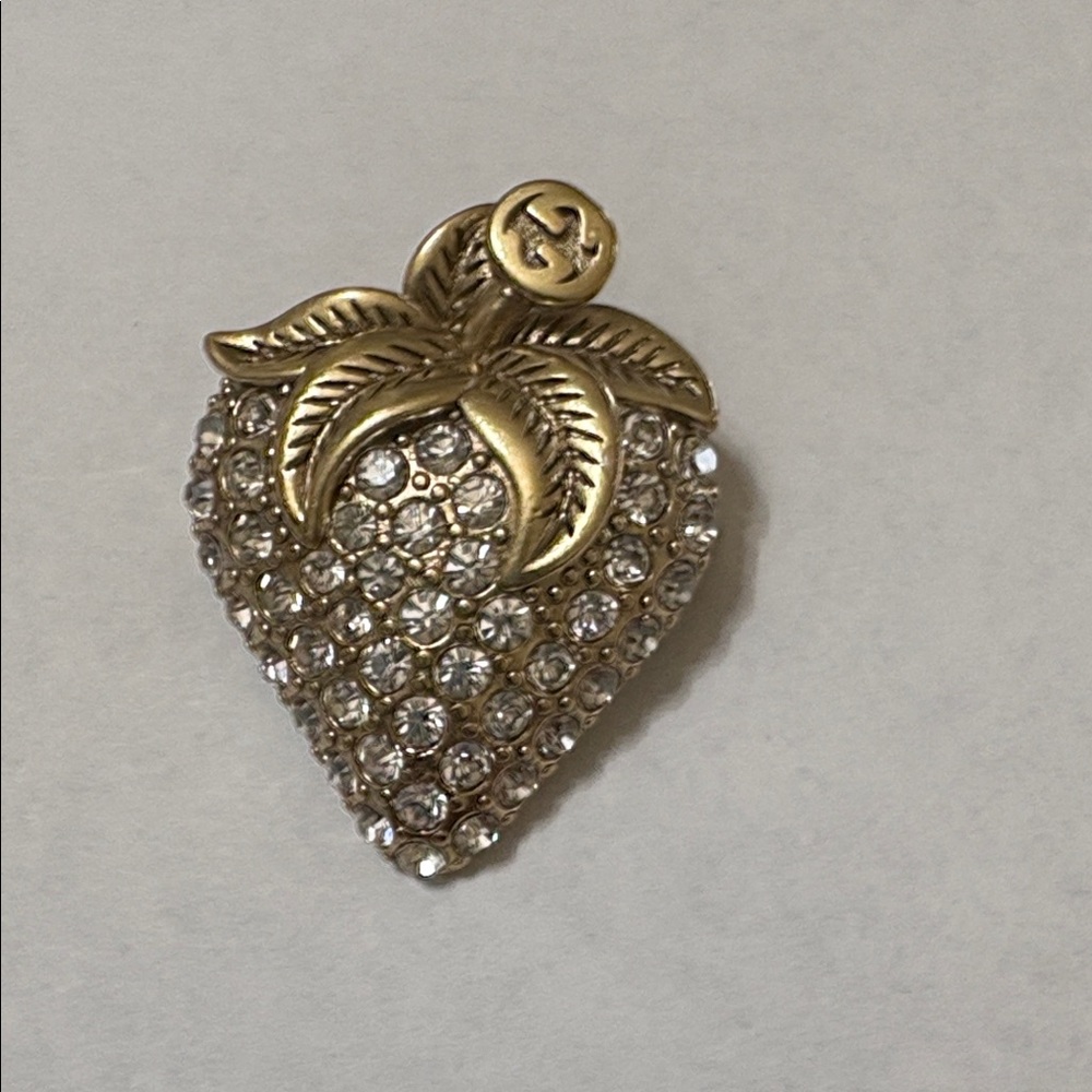 Gold-Tone Crystal Strawberry Brooch with Leaf Detail